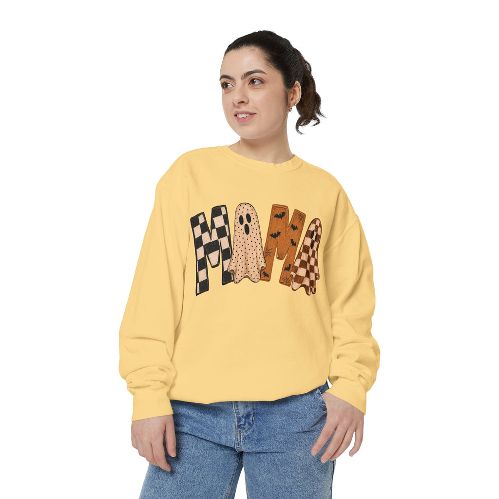 Mama Ghosts Checkerboard Sweatshirt — Halloween Cozy Graphic Sweatshirt