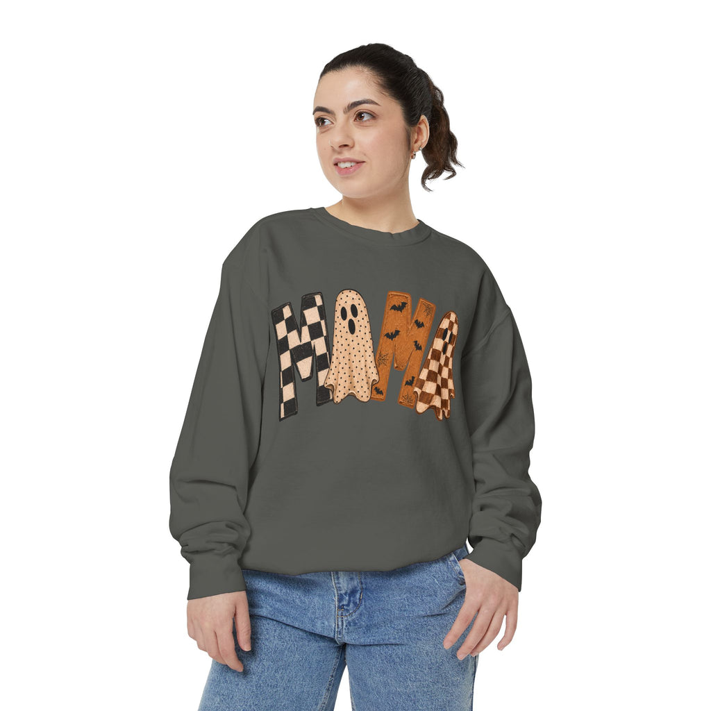 Mama Ghosts Checkerboard Sweatshirt — Halloween Cozy Graphic Sweatshirt