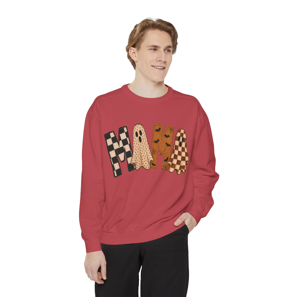 Mama Ghosts Checkerboard Sweatshirt — Halloween Cozy Graphic Sweatshirt