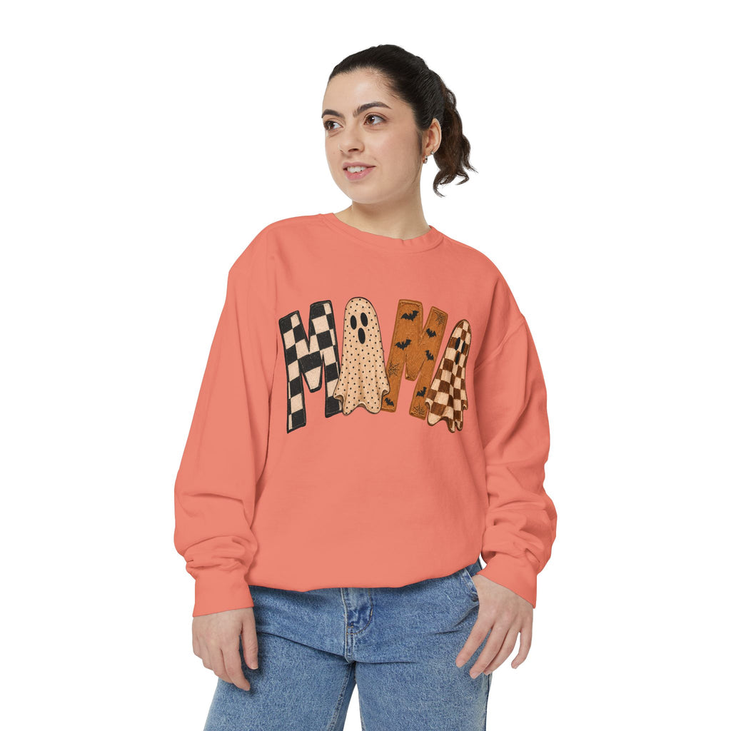 Mama Ghosts Checkerboard Sweatshirt — Halloween Cozy Graphic Sweatshirt