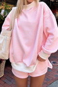Pink Stripe Oversize Mock Neck Sweatshirt and Shorts Set