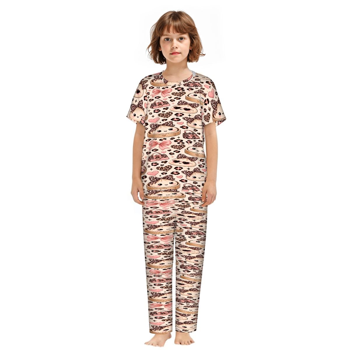Kids Short Sleeve Long Pants Pajama Set DumplingLeopardprintJPG DumplingLeopardprintPNG