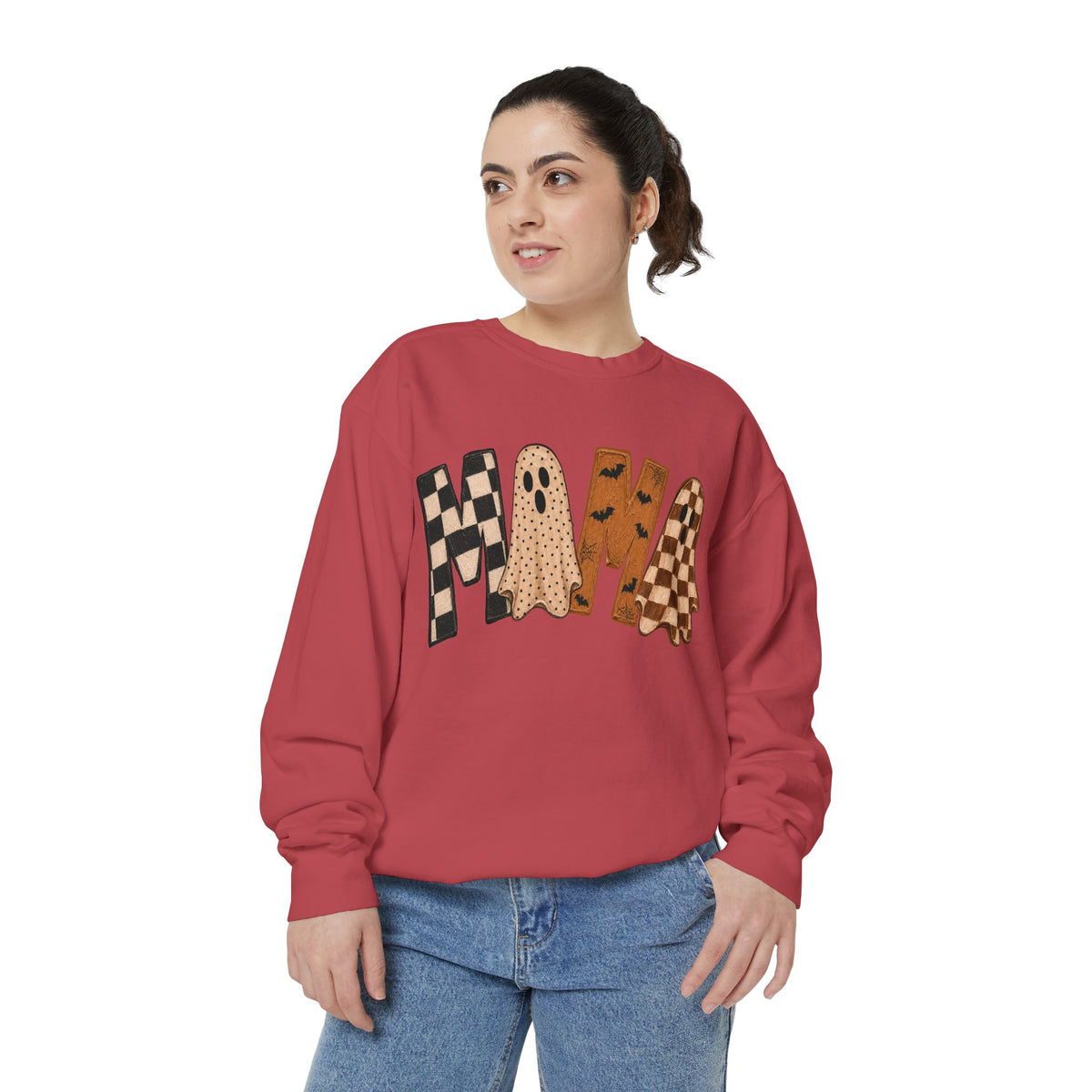 Mama Ghosts Checkerboard Sweatshirt — Halloween Cozy Graphic Sweatshirt