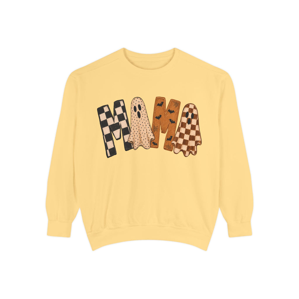 Mama Ghosts Checkerboard Sweatshirt — Halloween Cozy Graphic Sweatshirt