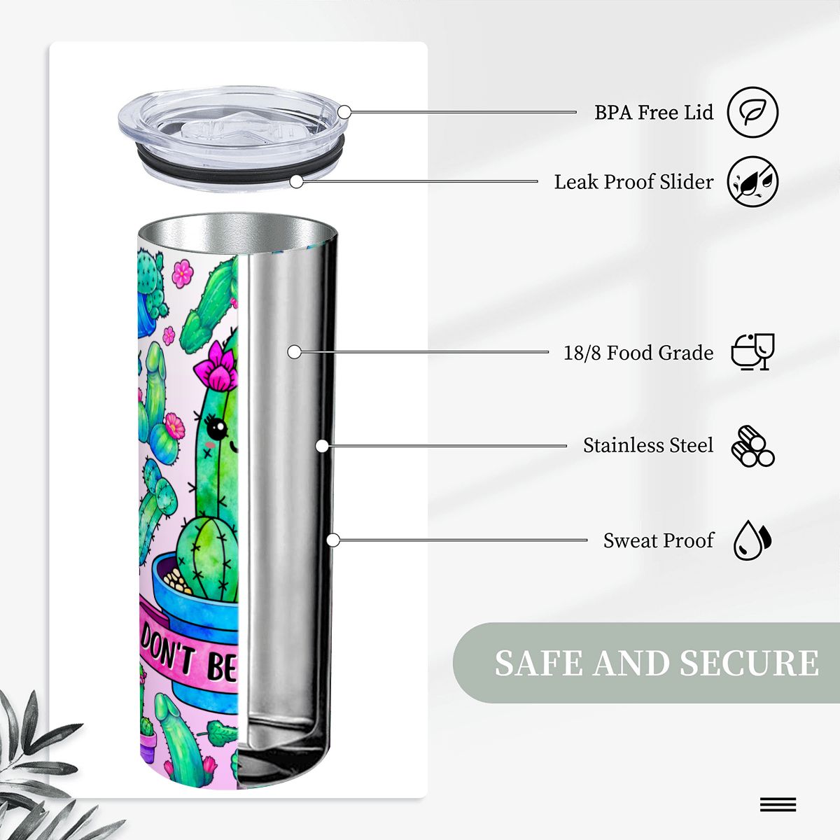 20oz Straight Stainless Steel Tumbler with Straw CactusPrick220oz