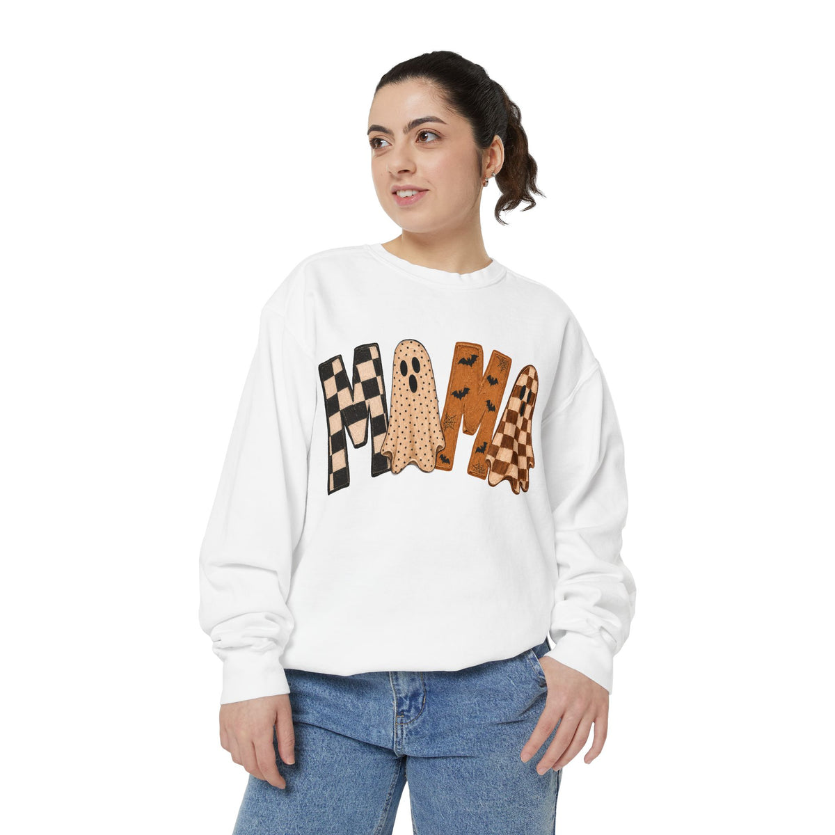 Mama Ghosts Checkerboard Sweatshirt — Halloween Cozy Graphic Sweatshirt