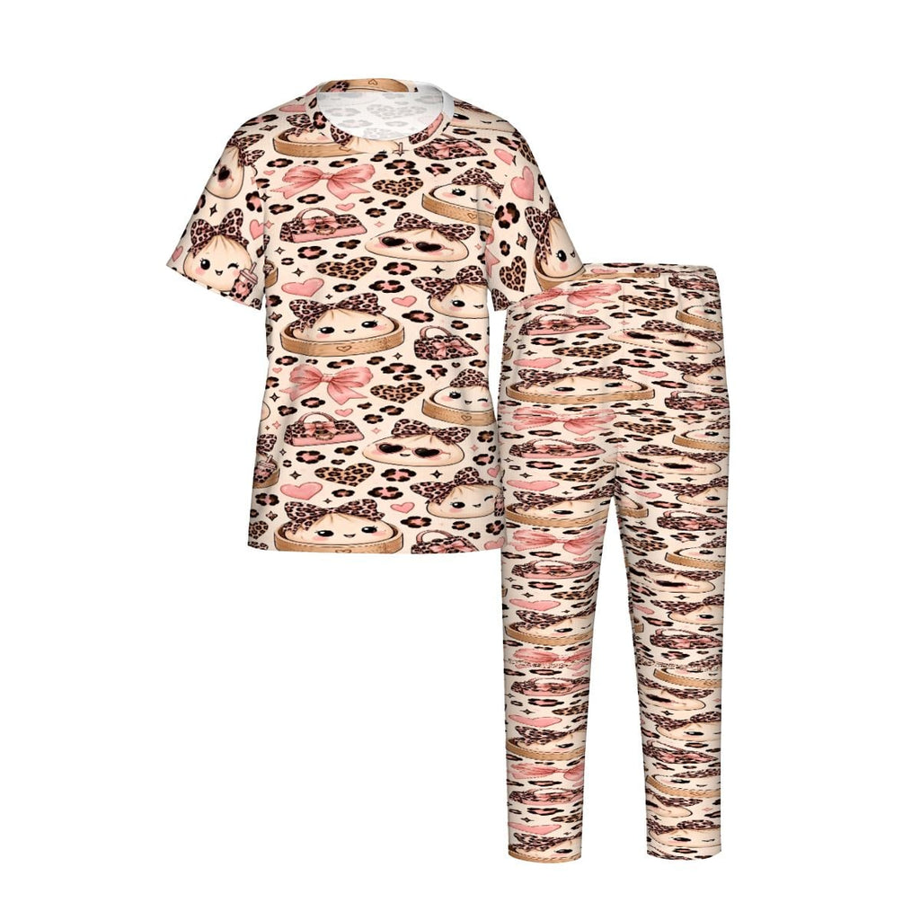 Kids Short Sleeve Long Pants Pajama Set DumplingLeopardprintJPG DumplingLeopardprintPNG